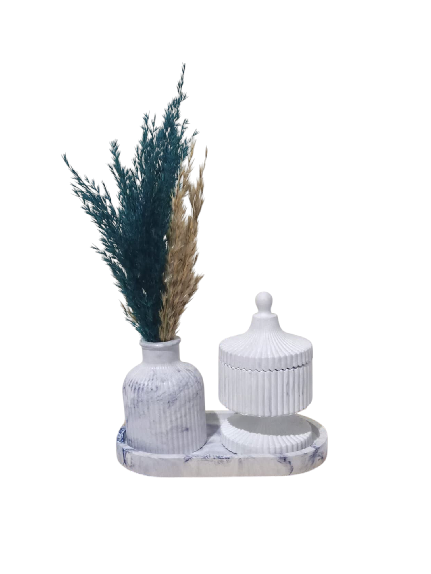 Trio Bleu Céramique – Ensemble Décoratif Blanc & Bleu avec Brûleur Artisanal